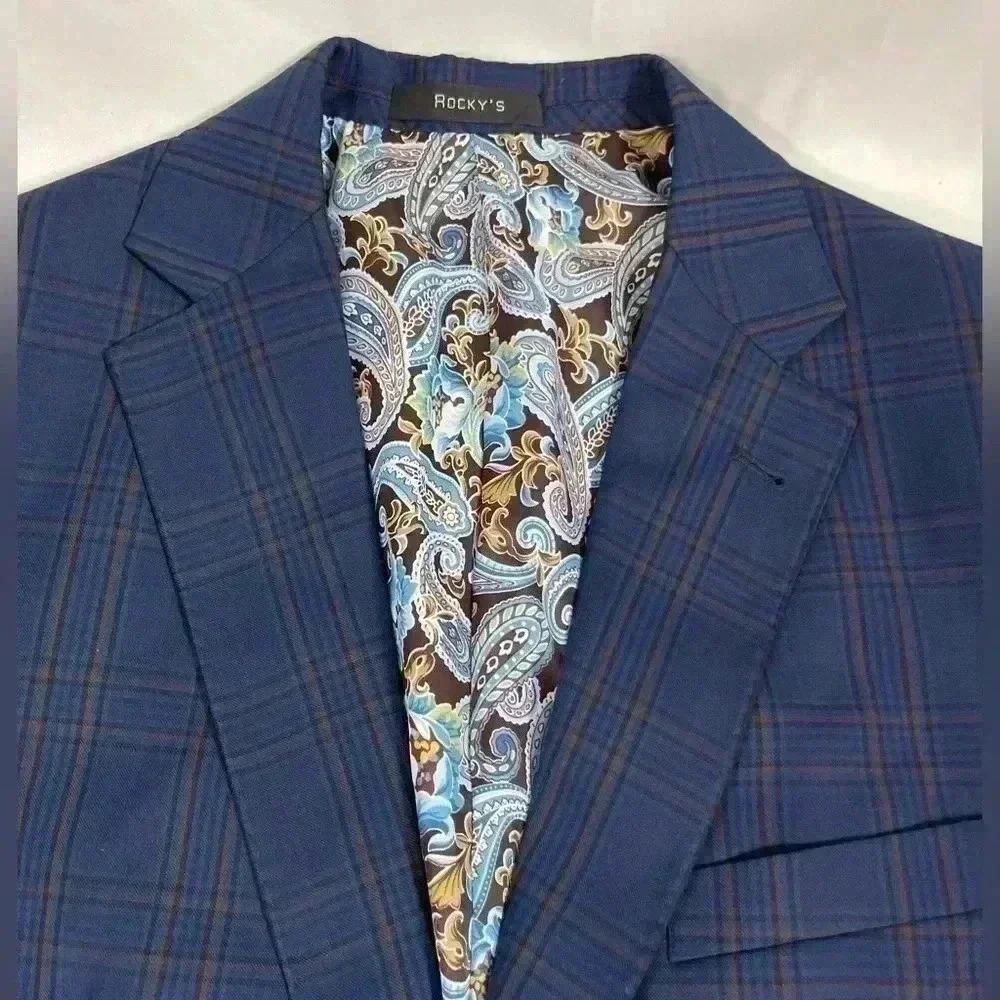 ROCKY'S CA men’s blue plaid windowpane custom sport‎ coat suit jacket blazer